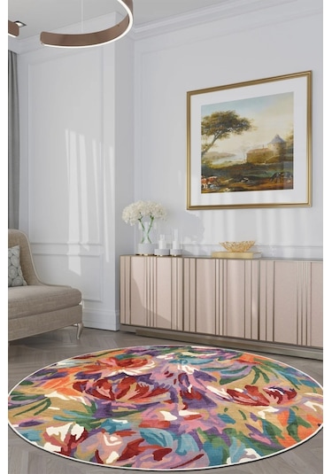 Zeminde Bir Tablo Fırça Dokunuşlu Modern Halı Tasarımı Yuvarlak Kaymaz Taban Renkli