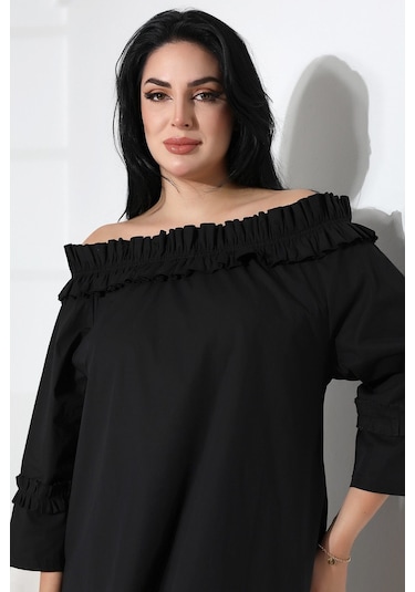 Schık Schık Kadın Yaka Büzgülü Kol Ve Etek Ucu Fırfır Detay Cepli Elbise Siyah Sckwm24el02 Siyah