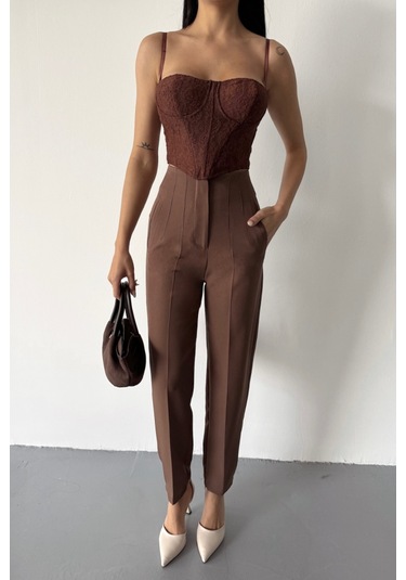 Reka Moda Pantolon Pensli Atlas Kumaş - Kahverengi Kahverengi