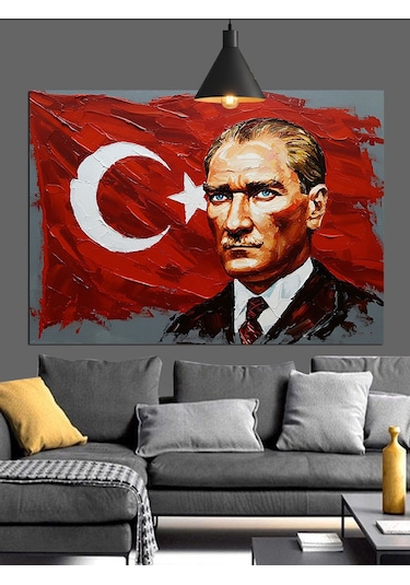 Türk Bayrağı Önünde Atatürk Dekoratif Kanvas - Mdf Ahşap Tablo