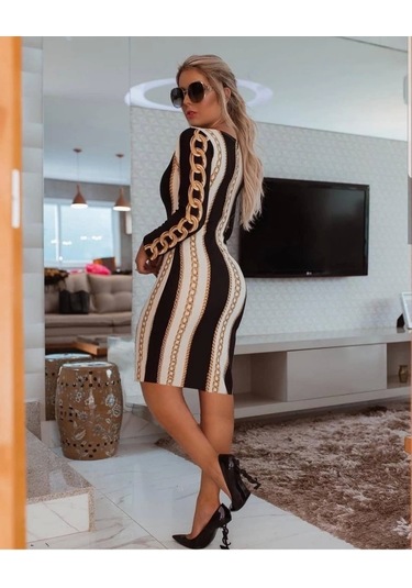 Kadın Uzun Kollu Bisiklet Yaka Scuba Midi Boy Elbise Desenli