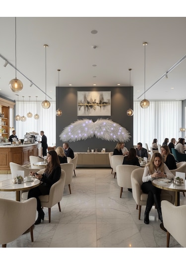 Beyaz Led Işıklı Melek Kanadı Duvar Dekoru Lüks Tasarım Aydınlatma Aksesuarı