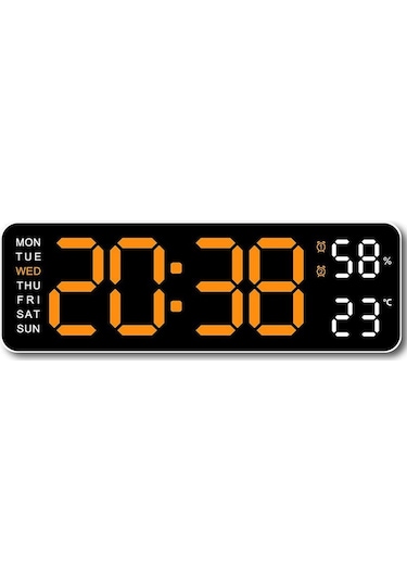 Beyaz & Turuncu 9 İnç Büyük Dijital Duvar Saati Sıcaklık Nem Hafta Otomatik Kısılabilir Masa Saati 12/24h Elektronik Led Çalar Saat Fonksiyonu Beyaz - Turuncu