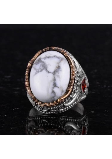 Gerçek Doğal Taş Yüzük - El Yapımı 925 Ayar Gümüş Yüzük - El Yapımı Yüzük Howlite Gümüş