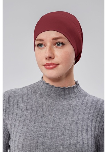 Kadın Tesettür Hazır Pratik Geçmeli Bone Lastikli Kaymaz Bordo Bordo