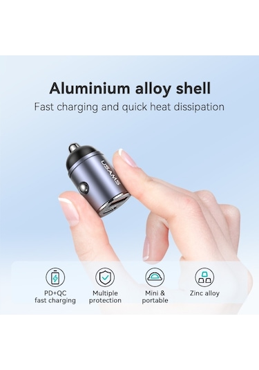 Sones Usams Us-cc206 C38 Pd30w Usb + Type-c Çift Bağlantı Noktalı Hızlı Şarj Alüminyum Alaşımlı Araç Şarj Cihazı Kararma