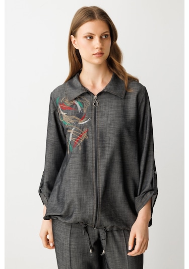 Ekol Kadın Büyük Beden Önü İşlemeli Trençkot 7568 Siyah Siyah