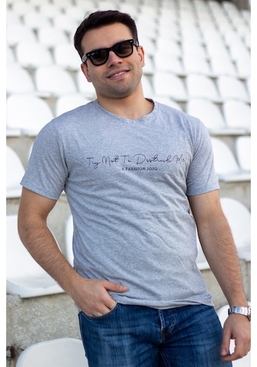 Erkek Gri El Yazısı İmza Baskı Normal Kesim Bisiklet Yaka Erkek T-shirt 22etsheyaz 001