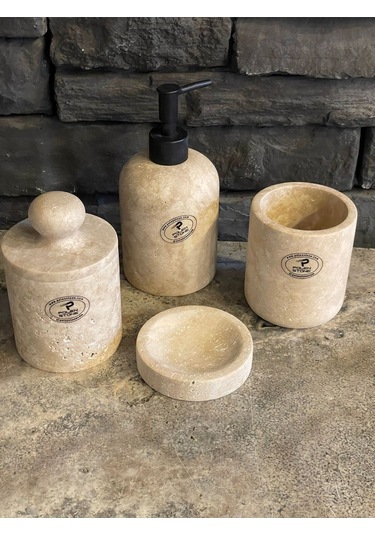 Bej Traverten Doğaltaş 5'li Banyo Seti Beyaz