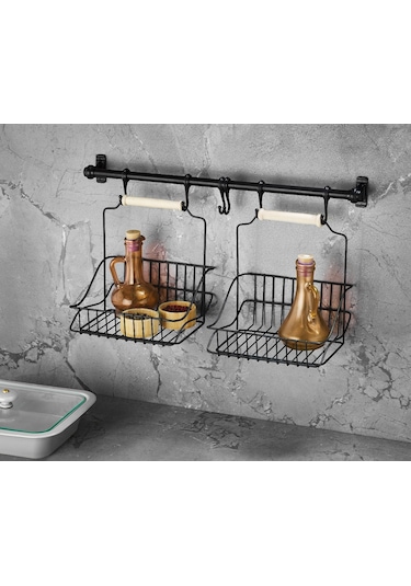 Ferforje Metal Sepet Askı Ve Kanca Set Siyah Retro 2 Sepetli