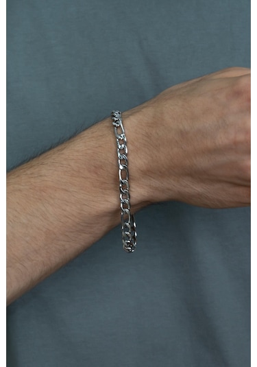 Figaro 3E1 Çelik Künye Erkek Bileklik Zincir  Ack06B Beyaz