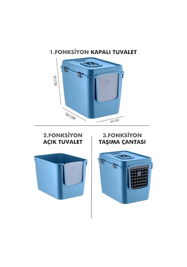 Pribor Hz-500 Xxl 3 Fonksiyonlu Açık / Kapalı Kedi Tuvaleti Ve Taşıma Çantası Mavi 56 X 40 X 43 Cm