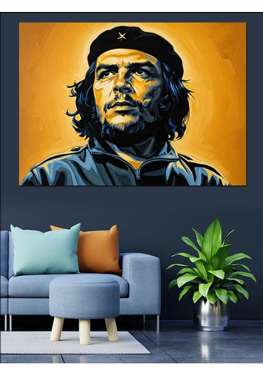 Sarı Arkaplan Che Guevara Portre Dekoratif Kanvas - Mdf Ahşap Tablo