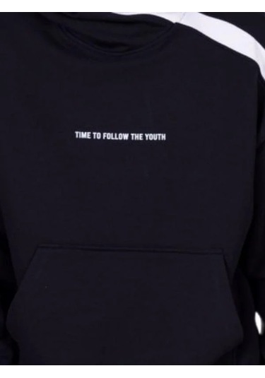 Çocuk 2 İplik Kumaş Pamuklu Sırtı Yazı Detaylı Kapüşonlu Tasarım Sweatshirt-13541 Siyah