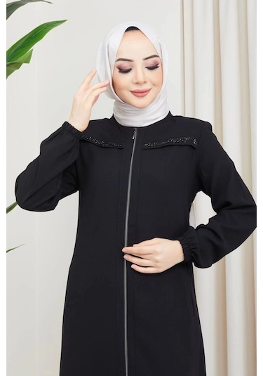 Göğüs Taş Detaylı Ferace Siyah