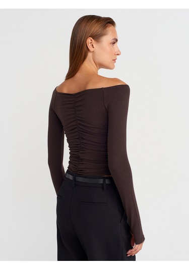 Dilvin 32089 Omuzları Açık Büzgülü Top-koyu Kahve Koyu Kahve