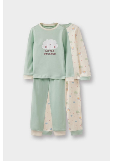 Defacto Kız Bebek 4lü Pijama Takımı Baskılı Uzun Kollu Üst Uzun Alt F0633a525auer233 Ekru