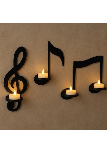 Cajuart Siyah Ahşap Notalar 3 Parça Led Mumlu Duvar Dekoru Dekoratif Tablo