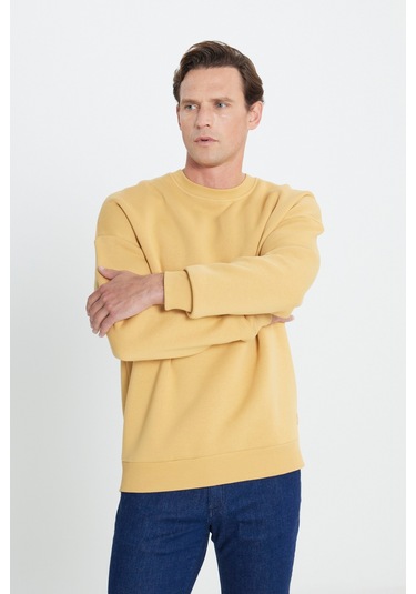 AC&Co / Altınyıldız Classics Erkek Hardal Oversize Fit Bol Kesim Pamuklu İçi Polarlı Bisiklet Yaka Sweatshirt Hardal