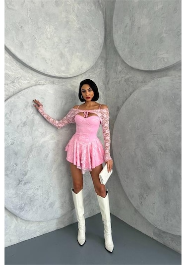 Dip Moda Kadın Bolero Detaylı Güpür Prenses Elbise Dpnbdf107 Pembe