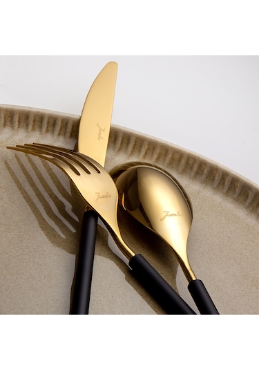 Jumbo 6000 Roller Siyah Titanyum Gold 84 Parça 12 Kişilik Çatal Kaşık Bıçak Seti Siyah Titanyum Gold Altın - Siyah - Titanyum