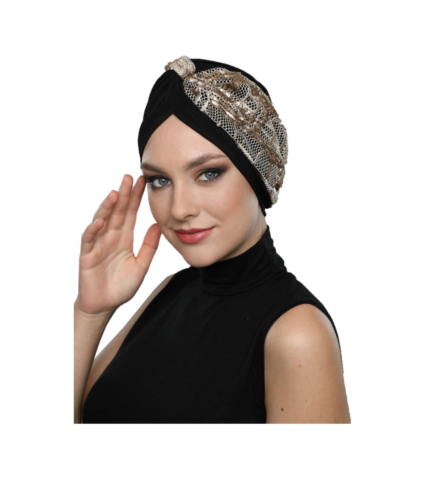 Özel Tasarım Siyah Bej-altın Pullu Fileli Etnik Desenli Astarlı Hazır Türban Tesettür Abiye Bone Siyah25