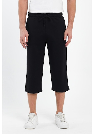 Erkek Yanları Cepli Siyah-Antrasit Bermuda Diz Altı Kapri Beli Ayarlanabilir Lastikli Uzun Şort Gri