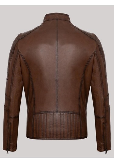 Hakiki Kuzu Derisi Kahverengi Erkek Deri Mont Bel Işlemeli Deri Ceket Kahverengi