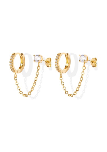 Geeksen Zirkon Taşlı Zincirli Küpe Ve Küpe Seti - Tek Satırlı Zirkon Desenli, Gümüş Altlı Altın Renkli, Modern Ve Benzersiz Stil Gold