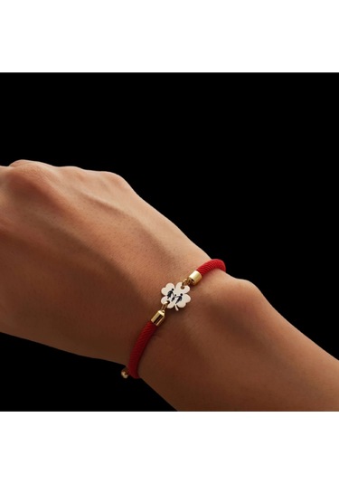 Çiçek Figürlü Örgü İpli 14 Ayar Altın Plakalı Aile Sembollü Hediye Bileklik-324sembol-kırmızı Altın