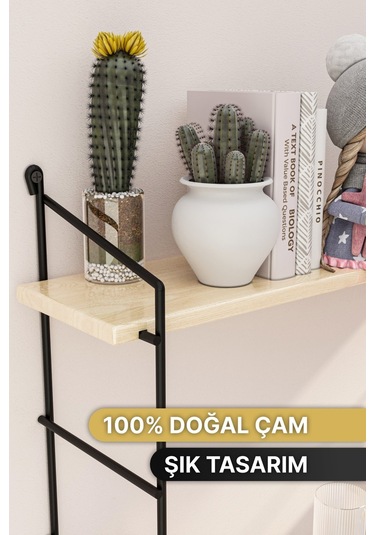 Bino Duvar Rafı Masif Doğal Ahşap Büyük Boy Geniş 2 Katlı Kitaplık Terek Mutfak Rafı Banyo Rafı