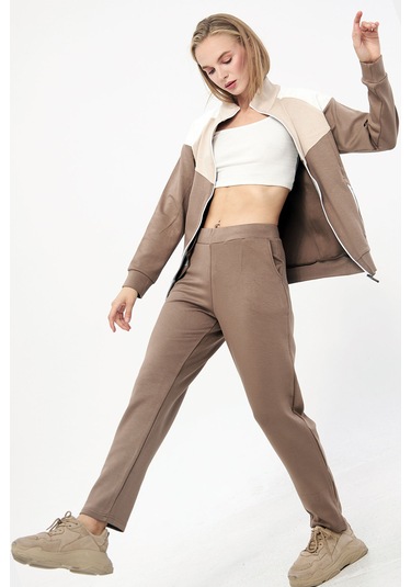 Trendhill Kadın Açık Kahve Modal Scuba Eşofman Takım Edy5543ak Açık Kahverengi