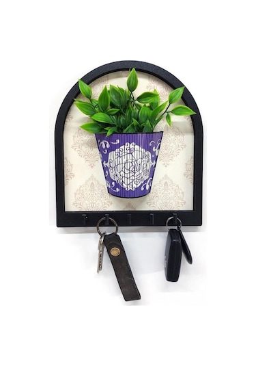 Ahşap Motifli Mor Saksı İçinde Yeşil Yapay Bitki Askılık Duvar Dekoru Diğer