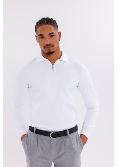 Monox Erkek Yarım Fermuarlı Polo Yaka Triko Kazak Beyaz