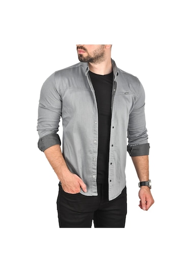 Deepsea Erkek Gri Slim Fit Pamuklu Kot Gömlek Kolay Ütülenebilir Çıt Çıtlı Likralı Spor Gömlek 2502504 Gri
