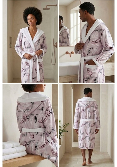 Modern Botanik Pamuklu Desenli Kapüşonlu Bornoz Mor - Pembe Modern Botanik