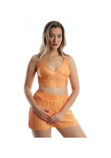 Kadın Piliseli Kumaş Üst / Alt Takım Turuncu