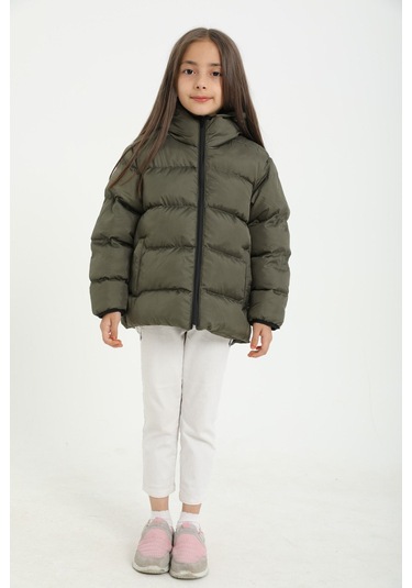 Kız Çocuk Haki İçi Polarlı Kapüşonlu Su Geçirmez Rüzgara Dayanıklı Cepli Şişme Kışlık Mont Haki