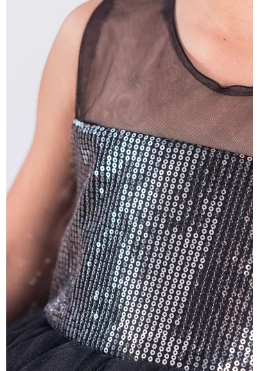 Kız Çocuk Abiye Elbise Ponpon Kol Pul Payetli Tütülü Siyah - Gr