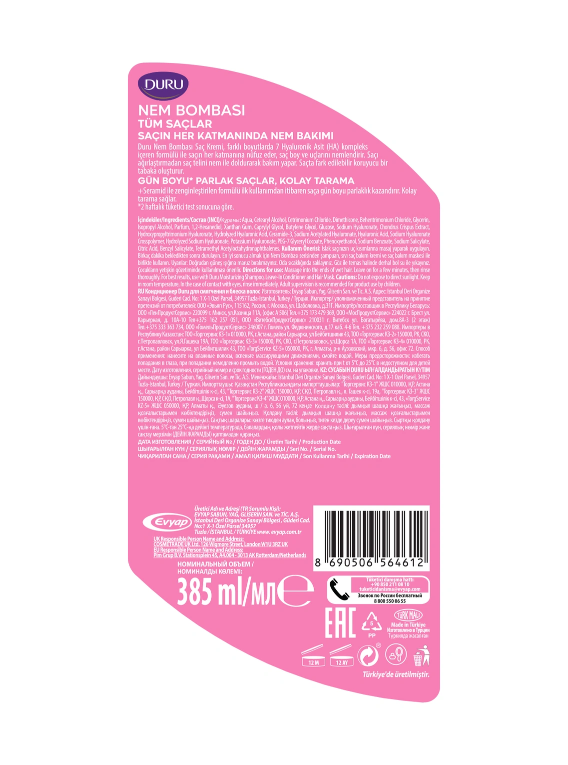 Duru Nem Bombası Tüm Saçlar İçin Saç Kremi 2x385 Ml