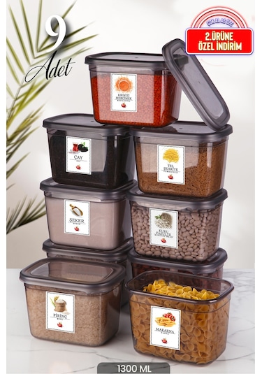 KitchenLife 9'lu Etiketli Moly Dikdörtgen Saklama Kabı Seti 1300ml Kapaklı Kahvaltılık - Çoklu Set Yapılabilen Siyah - Şeffaf