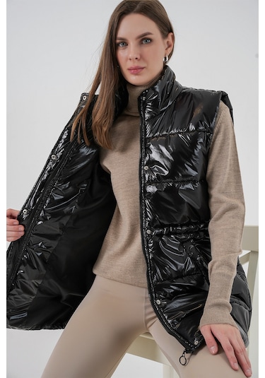 Kadın Parlak Şişme Yelek 5218 - Siyah Siyah