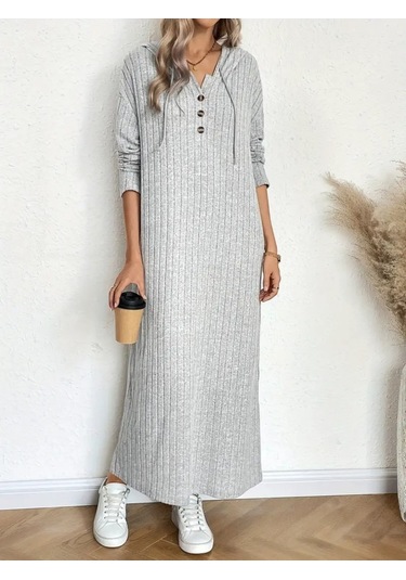 Kadın Uzun Kollu Kapşonlu Bağcıklı Şardonlu Kaşkorse Uzun Elbise Çok Renkli