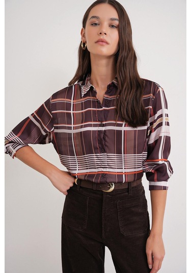 4751 Kadın Ekose İnce Saten Gömlek Kahve Kahve