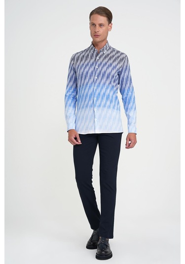 Comfort Fit Pano Desen Düğme Yaka %100 Keten Mavi Gömlek G 1594 Mavi