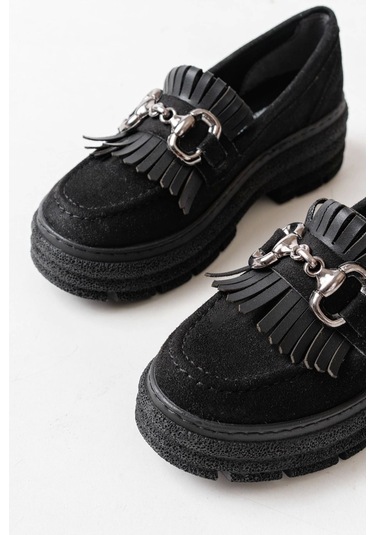 Siyah Süet Tokalı Günlük Yüksek Tabanlı Loafer Ayakkabı Siyah