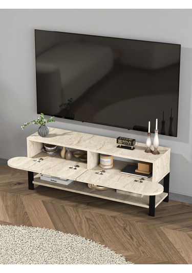 Tv Sehpası Tv Ünitesi Kapaklı Raflı Setro Traverten Ekru