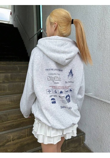 Siylish Casual Hırka - Gri Baskılı Oversize Kapüşonlu Gri