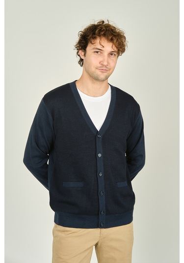 Ateş Triko Erkek Cep Detaylı V Yaka Yün Hırka 4490 Indigo Indigo İndigo