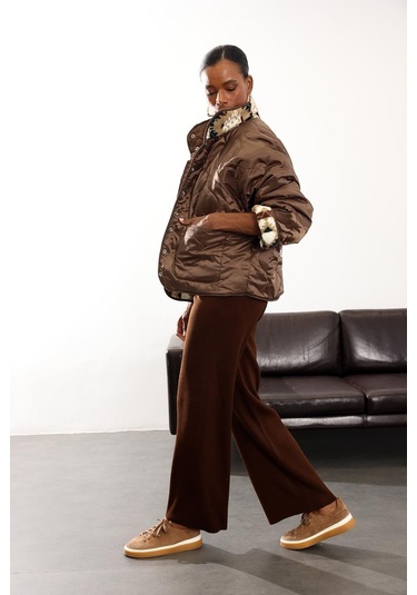 Kahverengi Çift Taraflı Şişme Polar Mont 01304 Kahverengi